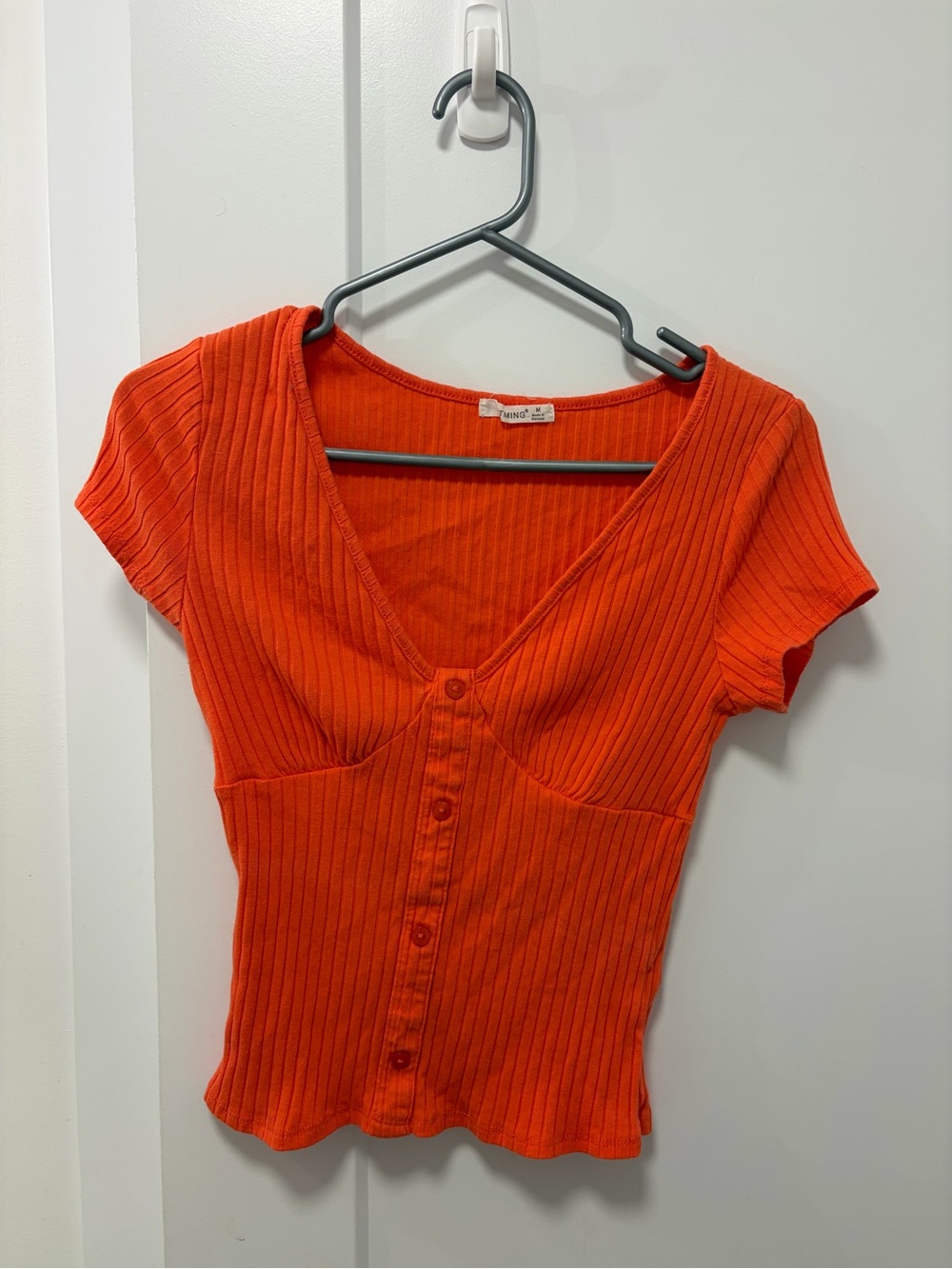 Timing Orange Ribbed Button-Front Short Sleeve Top